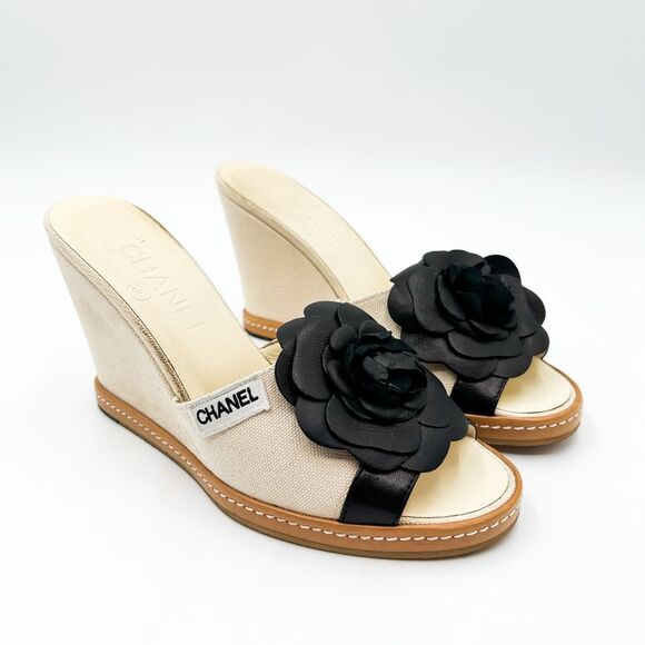 Chanel Camellia Wedge Sandals Slides Mules EU 37 US 6-6.5 - Picture 2 of 15